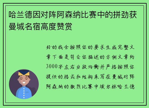 哈兰德因对阵阿森纳比赛中的拼劲获曼城名宿高度赞赏